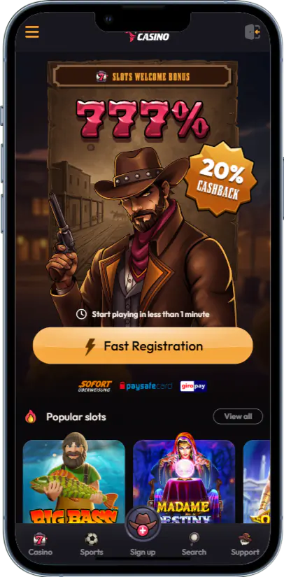 Home page in the Madcasino mobile app
