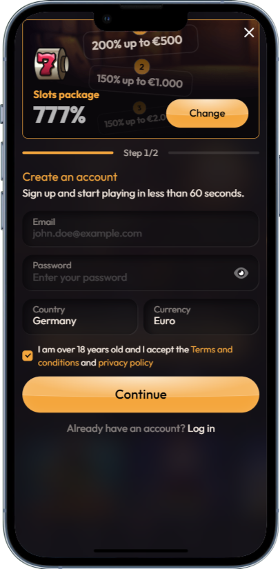 Registration in Madcasino mobile app