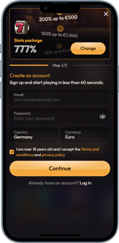Registration in Madcasino mobile app