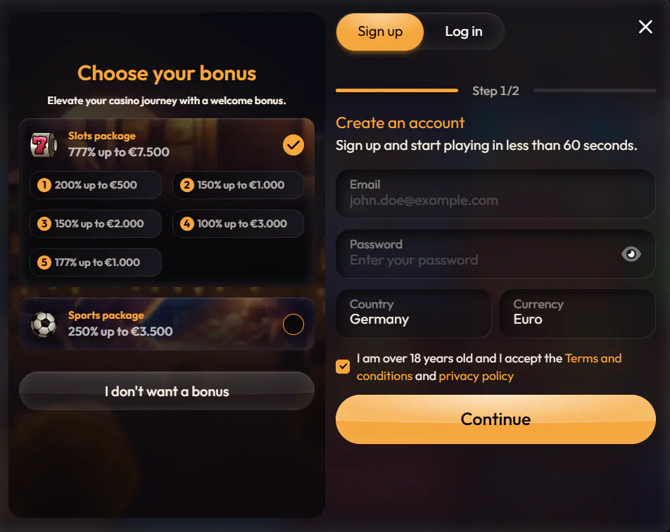 Madcasino account registration form